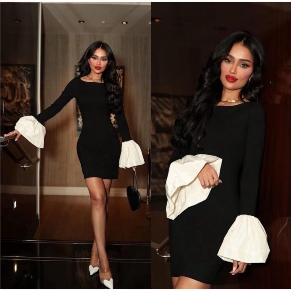 STAUD Black Long Sleeve Mini Dress with White Bell Cuffs